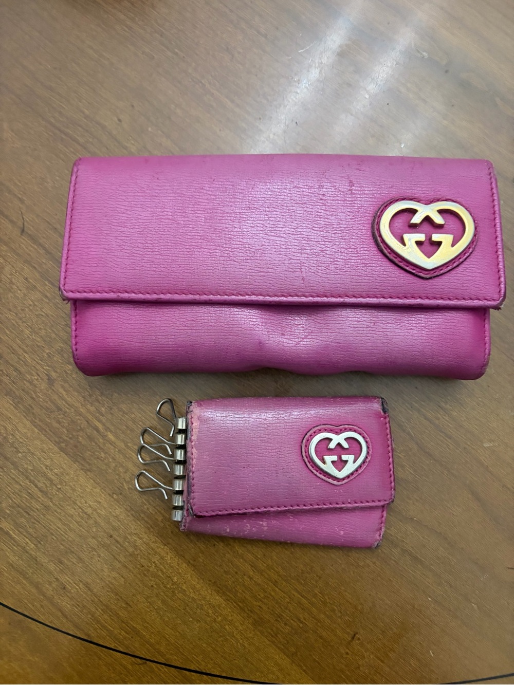 Gucci Hot Pink Leather Wallet and Key Case with Gold Heart GG
